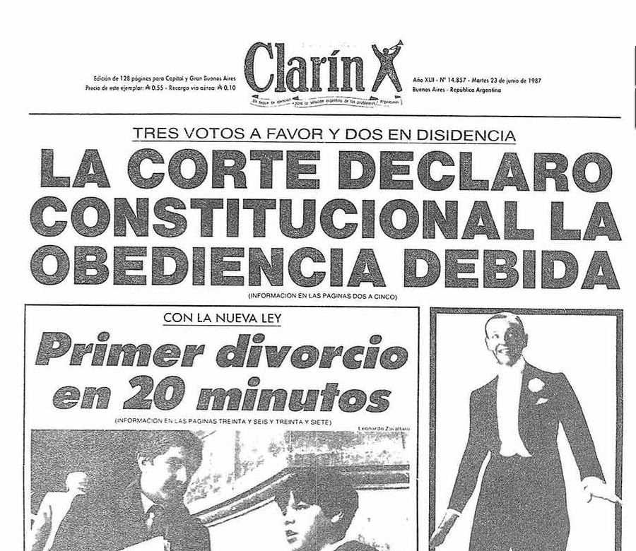 La tapa del diario con la aprobación de la Ley de Obediencia Debida
